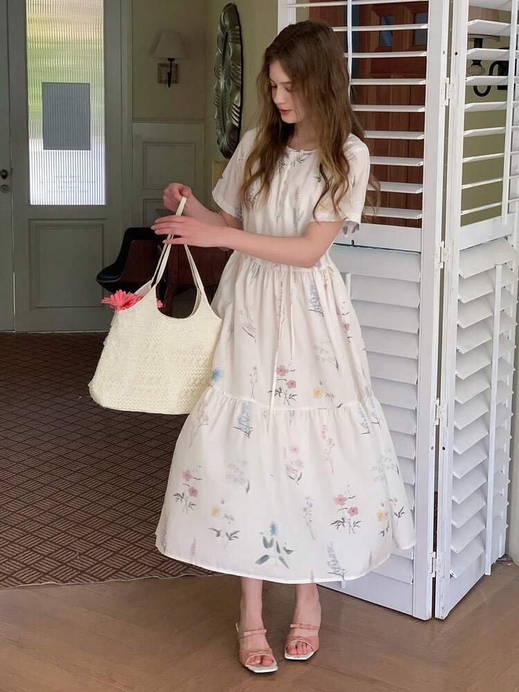 Teen Girls Floral Print Casual Round Neck Short Sleeve Dress Summer Easter