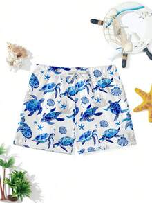 SHEIN Tween Boy Casual Loose Printed Beach Pants, Suitable For Summer, Beach, Outdoor, Swimming, Classic Cool Gradient Turtle, Coral Pattern Print - Multicolor - View 3