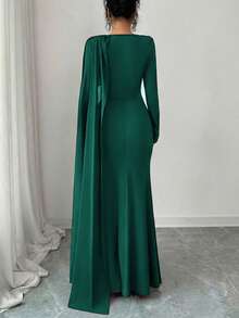 Elenzga Đầm nhung nữ dáng chữ A thanh lịch, lãng mạn, tinh tế, cổ áo choàng bất đối xứng, eo xòe, xếp ly, trang trí kim loại, thích hợp cho mùa Thu/Đông. - Màu xanh lá cây đậm - Xem 2
