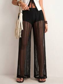 Freevana Quần ống rộng dệt kim xuyên thấu màu đen phong cách Bohemian, quần ống rộng cạp cao họa tiết hoa lưới, quần casual gợi cảm kiểu nghỉ dưỡng dành cho nữ. - màu đen - Xem 4