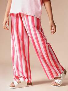 SUMWON 鲜榨果汁图案短袖T恤和条纹阔腿裤套装，夏季休闲装 - 粉色 - 查看 4