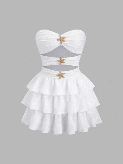 Sweetra White Knit Jacquard Fabric Metal Starfish Decor Hollow Out Twist Waist Cake Mini Dress, Elegant Romantic Sweet Simple Vacation Everyday Party Versatile For Women, Spring/Summer