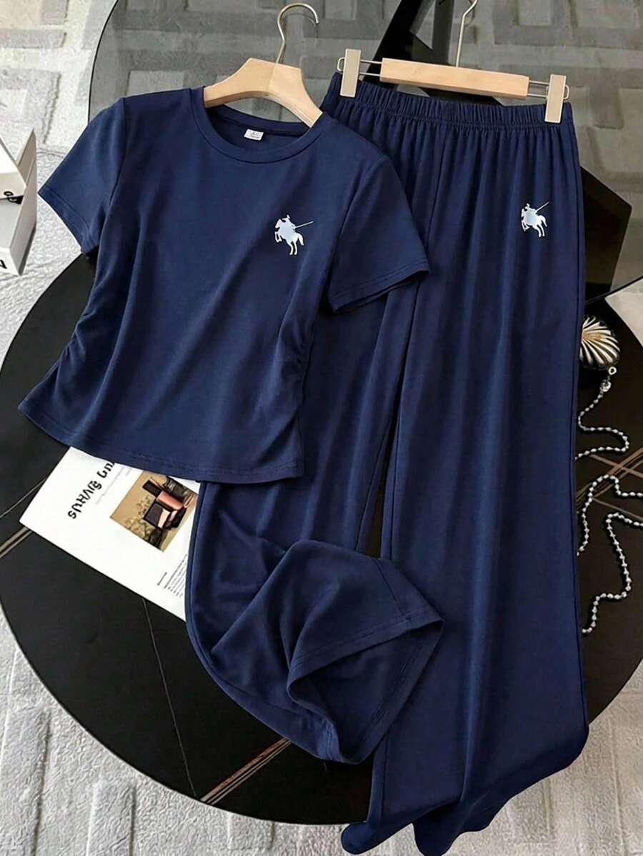 Sparklyn 一件式短袖休闲印花春夏少女夏季通勤套装，运动休闲直筒裤，短袖轻便舒适两件套。 - 藏蓝色 - 查看 1