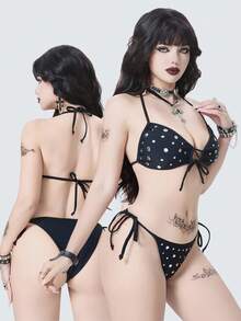 ROMWE Women's Gothic Punk 2-Piece Swimwear Set,Goth Black Rivet Decor Bikini With Studs,Summer Beach Adjustable Spaghetti Strap Bandeau Bathing Suit - Black - View 10