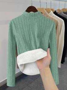 INAWLY Mint Green Plain Rib-Knit Long Sleeve T-Shirt For Women With Stand Collar And Warm Fabric - Mint Green - View 2