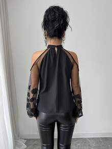 Ellegaria. Women's Casual Halter Neck Sheer Embroidered Loose Fit Solid Black Blouse, Suitable For Spring/Summer, Daily Wear, French Elegant - Black - View 2