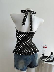 Elamini 可爱波点蝴蝶结胸前设计腰部荷叶边吊带背心（女款） - 黑色 - 查看 2