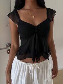 SHEIN EZwear Women's Summer Ruched Bust Mesh Ruffle Sleeve T-Shirt - Black - View 5