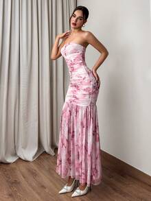 Firerie Vestido de verano elegante de mujer con estampado floral y drapeado - Albaricoque - Ver 4