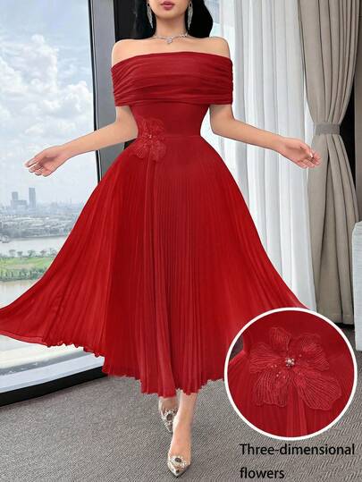 Feyla فستان حفلات قصير أنيق مزين بأزهار ثلاثية الأبعاد وخرز اصطناعي، بخصر مشدود وأكتاف مكشوفة، بلون أحادي