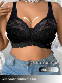 DesireSculpt Plus Size Elegant Solid Color Lace Wireless Bra - Black - View 5