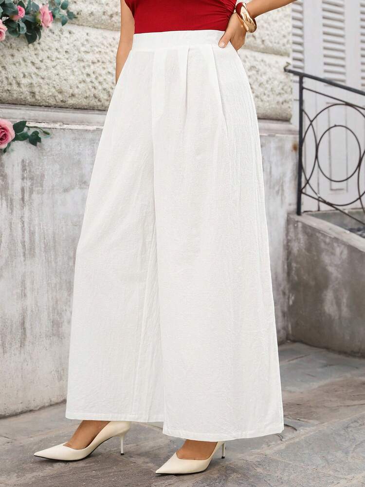 Plus Size Solid Color Pleated Casual Versatile Wide Leg Pants For Summer/ Vacation Wide Leg Capri Pants White Wide Leg Pants Women Wide Leg Summer Pants White Linen Pants Summer