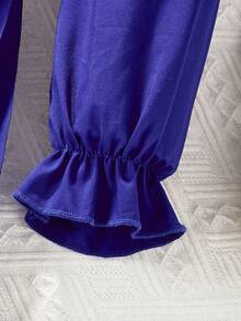 Tween Girl 纯色前系带长袖褶皱简约休闲连衣裙 - 寶藍色 - 查看 4