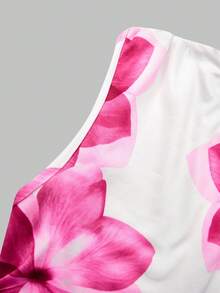 Tween Girl Floral Print Asymmetric Shoulder Ruched Waist Fitted Elegant Dress - Blue - View 3