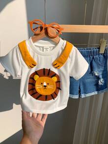 SHEIN 2pcs/Set Baby Boy/Unisex Casual Cute Lion Graphic White T-Shirt And Blue Denim Shorts Set, Summer - Multicolor - View 6