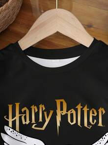 HARRY POTTER X SHEIN Baby Boy Casual Everyday Commute Hedwig Owl Letter Graphic Short Sleeve Black T-Shirt, Summer - White - View 3