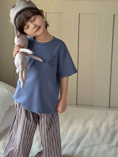 Dazy Kids Young Boy Summer Casual Solid Color Round Neck Short Sleeve T-Shirt And Striped Pants Pajama Set Spring