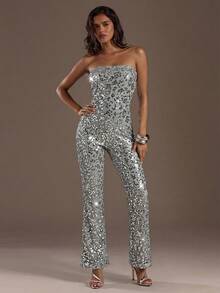 Glamine Women's Fashionable Sequin Bandeau Jumpsuit For Party - Grey - View 3