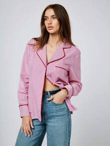 Maija 2025 Autumn/Winter Asymmetric Collar Contrast Trim Striped Women Pink Blouse - Hot Pink - View 6