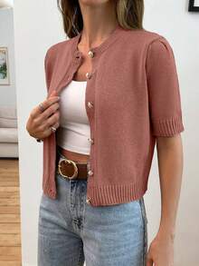 EURMUSE Gold Button Short Sleeve Elegant Cardigan - Dusty Pink - View 4