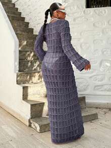 EURMUSE Women's V-Neck Crochet Jacquard Long Coverup Dress, Suitable For Vacation - Navy Blue - View 2