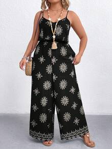 SHEIN Large-Sized Woven Printed Vacation, Casual And Fashionable Summer Jumpsuits - Black - View 7