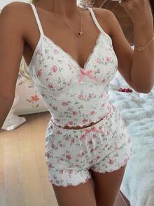 CottageSlumber Romantic Rose Print Decor Bow Tie Fitted Camisole & Shorts Pajama Set - White - View 7