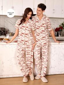 SHEIN Conjunto de pijama para hombre con estampado de burbujas en el cuello de solapa - Multicolor - Ver 4