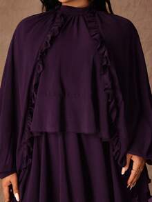 Rustia Plus Size Slim Fit Ruffle Hem Layered Short Dress, Long Sleeve, Round Neck, Brown - Purple - View 3