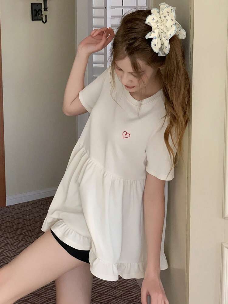 Teen Girls' Round Neck Short Sleeve Heart Pattern Pleated Casual Summer T-Shirt Spring