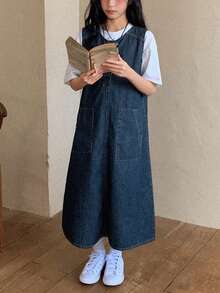 DAZY Tween Girls' V-Neck Sleeveless Denim Jumper Dress, Fall - Blue - View 1