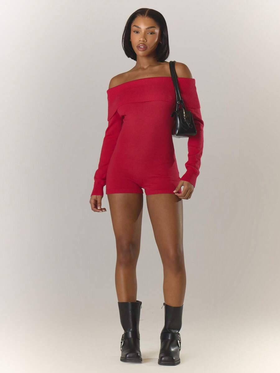 MUSERA 针织罗纹露肩连体裤，适合节日、性感、伊比沙岛音乐节、假日、锐舞派对、度假、时尚、情人节、春夏等场合。 - 酒紅色 - 查看 1