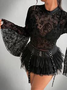 Whyspr Áo thun dài tay cổ tròn dáng rộng in hình đầu lâu, cỡ lớn, kiểu Punk/Goth. - màu đen - Xem 4