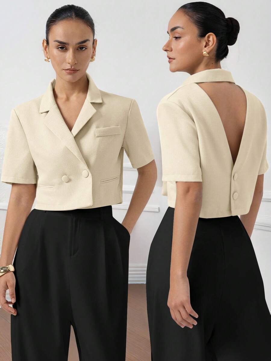 Aveloria Modichic 新款时尚通勤简约优雅精致复古奢华纹理面料西装外套，翻领设计，交叉露背剪裁，收腰露脐短袖女式夹克 - 米色 - 查看 1