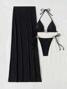 Swim Vcay 3pcs Set Women Solid Triangle Wireless Halter Top, Tie Side Swim Bottom Bikini Set And Mesh Cover-Up Skirt, Summer Beach Holiday Swimwear Ibiza Outfit - Black - View 4