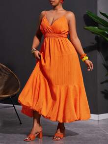 Veslaya 2026春夏新款大码女装，适合音乐节、复活节、西部风、游牧风、生日派对、毕业典礼、大学、学生、婚礼宾客、波西米亚风、通勤、早午餐、机场、派对、假日、优雅宴会、舞会、休闲、高端优雅纯橙色吊带收腰交叉露背荷叶边长裙 - 橘色 - 查看 5