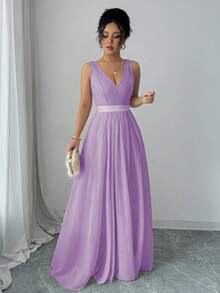Selianne Đầm maxi dự tiệc không tay cổ chữ V, eo thon, dáng chữ A, thanh lịch và lãng mạn dành cho nữ. - Màu tím hoa cà - Xem 6