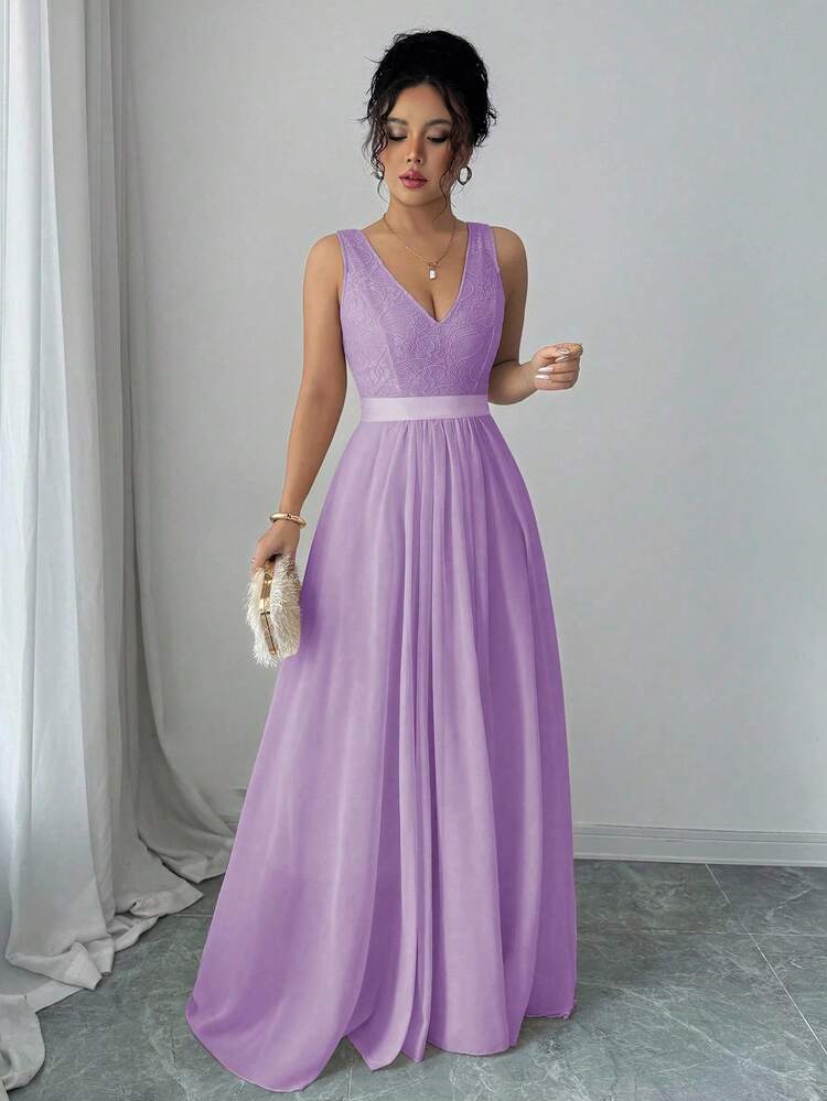 Selianne Sleeveless V-Neck Cinched Waist A-Line Elegant & Romantic Party Dress For Women Maxi Women Outfit - Mauve Purple - View 6