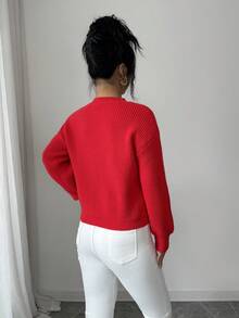 SHEIN PETITE 女士亮片蝴蝶结圆领节日红色毛衣 - 紅色 - 查看 2