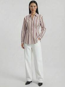 Ontre 2026 Chemise Femme Printemps/Été, Tissu Tissé à Rayures, Style Décontracté Chic de Bureau, Design Taille en Tissu Rayé Rose, Col Châle Manche Longue Devant Plaquette Urbain Minimaliste Élégant Style Rétro, Blouse Femme Polyvalente à la Mode - Rose bonbon - Voir 3