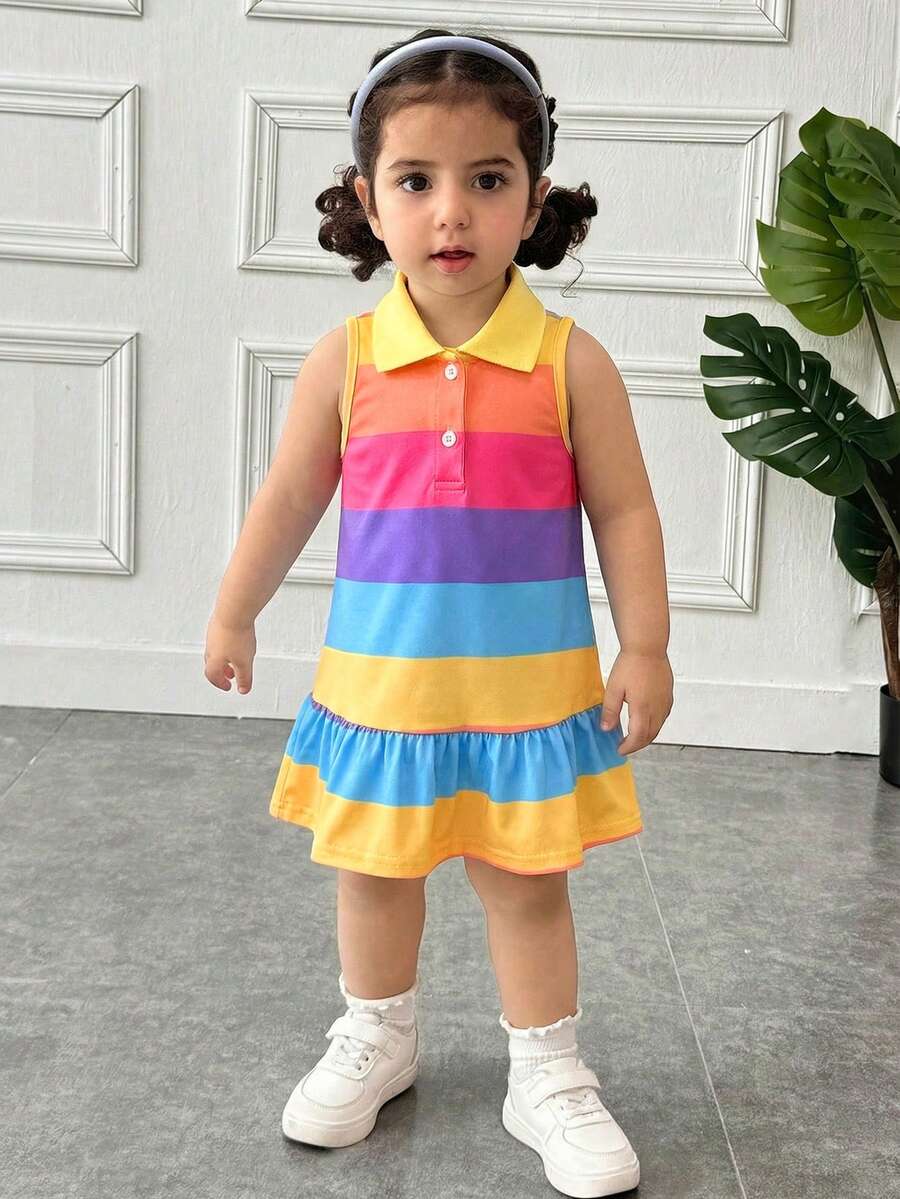 SHEIN Baby Girl Casual & Homewear Cute Rainbow Striped Button Front Ruffle Hem A-Line Dress T-Shirt Dress Polo Dress - Multicolor - View 1