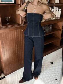 Livesso Women's Casual Loose Denim Tube Top And Wide Leg Pants Set, Vacation Style, Spring/Summer - Blue - View 3