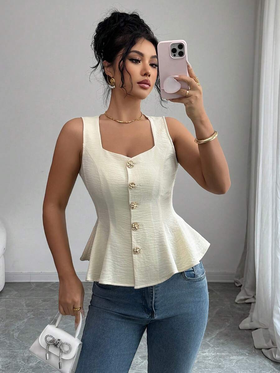 Elenzga 优雅女士杏色收腰方领吊带背心，适合情人节约会、派对、日常穿着、家庭聚会、休闲、海滩等场合，百搭实用。 - 杏色 - 查看 1