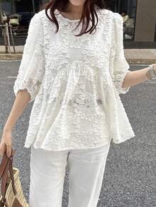FRIFUL Women's Solid Color Pleated Ruffle Hem Loose Casual Versatile Short Sleeve Blouse, Summer/Spring - Beige - View 5