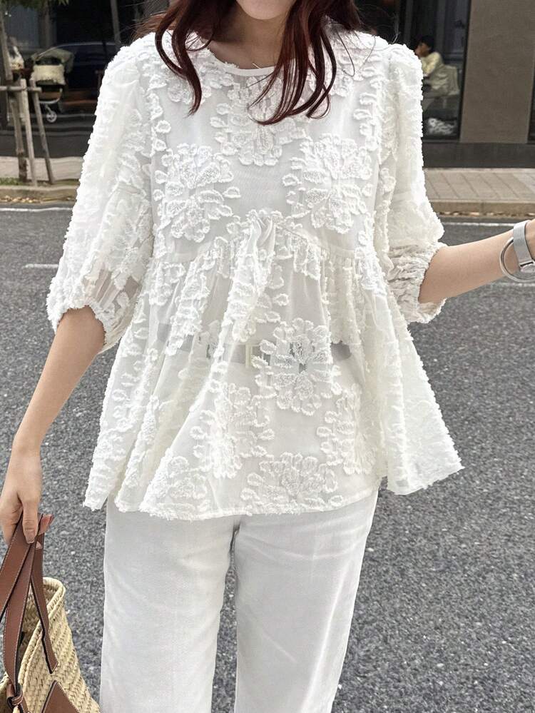 FRIFUL Women's Solid Color Pleated Ruffle Hem Loose Casual Versatile Short Sleeve Blouse, Summer/Spring - Beige - View 5