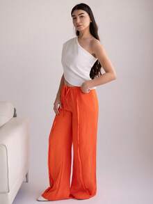 Andrea Bello 抽绳腰部亚麻外观褶边阔腿休闲裤伊比沙岛性感度假春夏节日沙滩装浪漫优雅生日婚礼宾客机场 - 橘色 - 查看 6