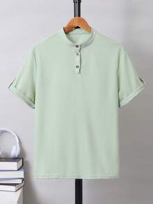 1pc Olive Green Round Neck Casual Shirt For Teenage Boys - Green - View 7