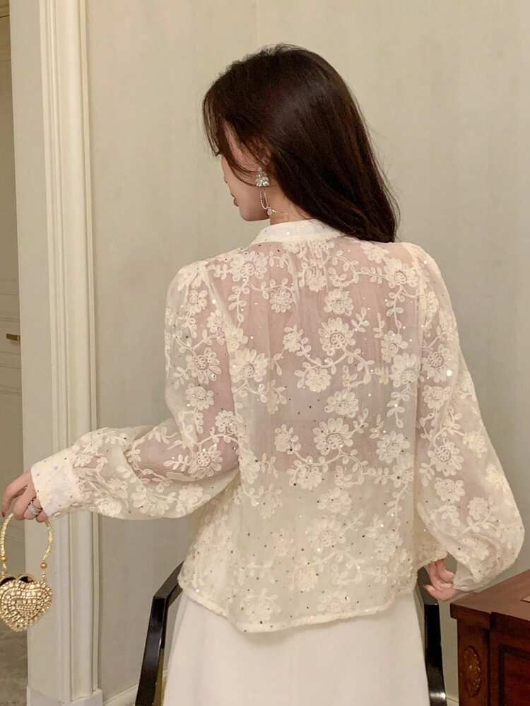 Women's Elegant Formal Banquet Blouse With Textured Jacquard, Sequins, Loose Long Sleeves And Tie Collar, Suitable For Spring And Autumn