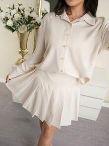 Modelyn Ensemble 2 pièces élégant pour femme, chemise à boutons rayée et jupe plissée pour le travail, automne - Nude - Voir 4