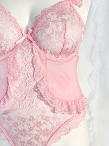 Spicy Aura 3pcs Plus Size Sexy & Sweet Lace Patchwork Mesh Jumpsuit + Leg Garter Set - Pink - View 6